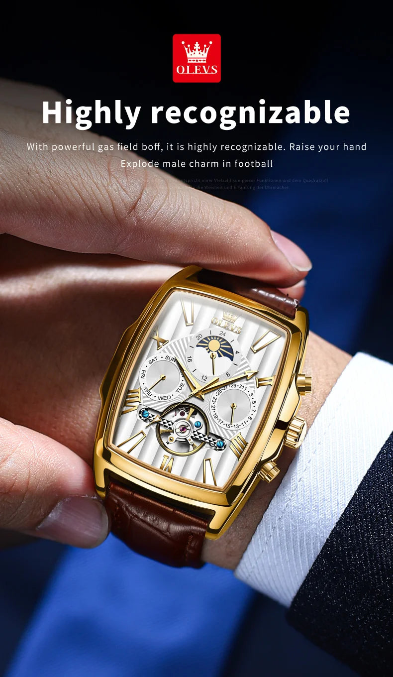 OLEVS Mens Watches Automatic Mechanical  Tourbillon Sport  Leather Casual  Retro Wristwatch Relojes Hombre