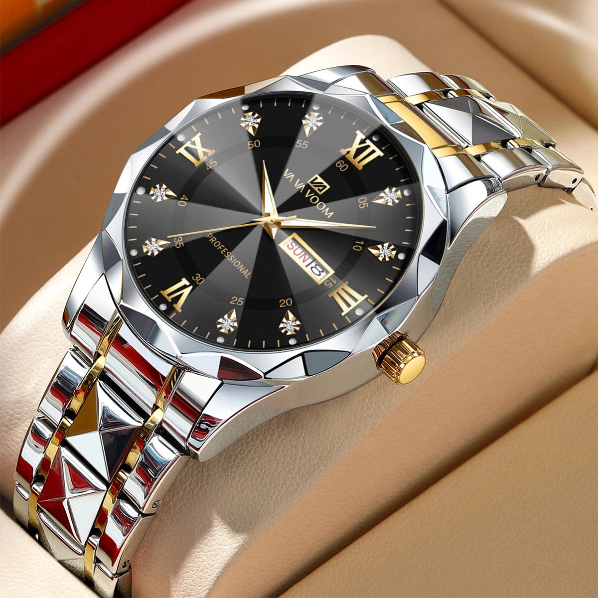 Men  Water Diamond  Night Glow Double Calendar Quartz Movement 41mm Blue Gold