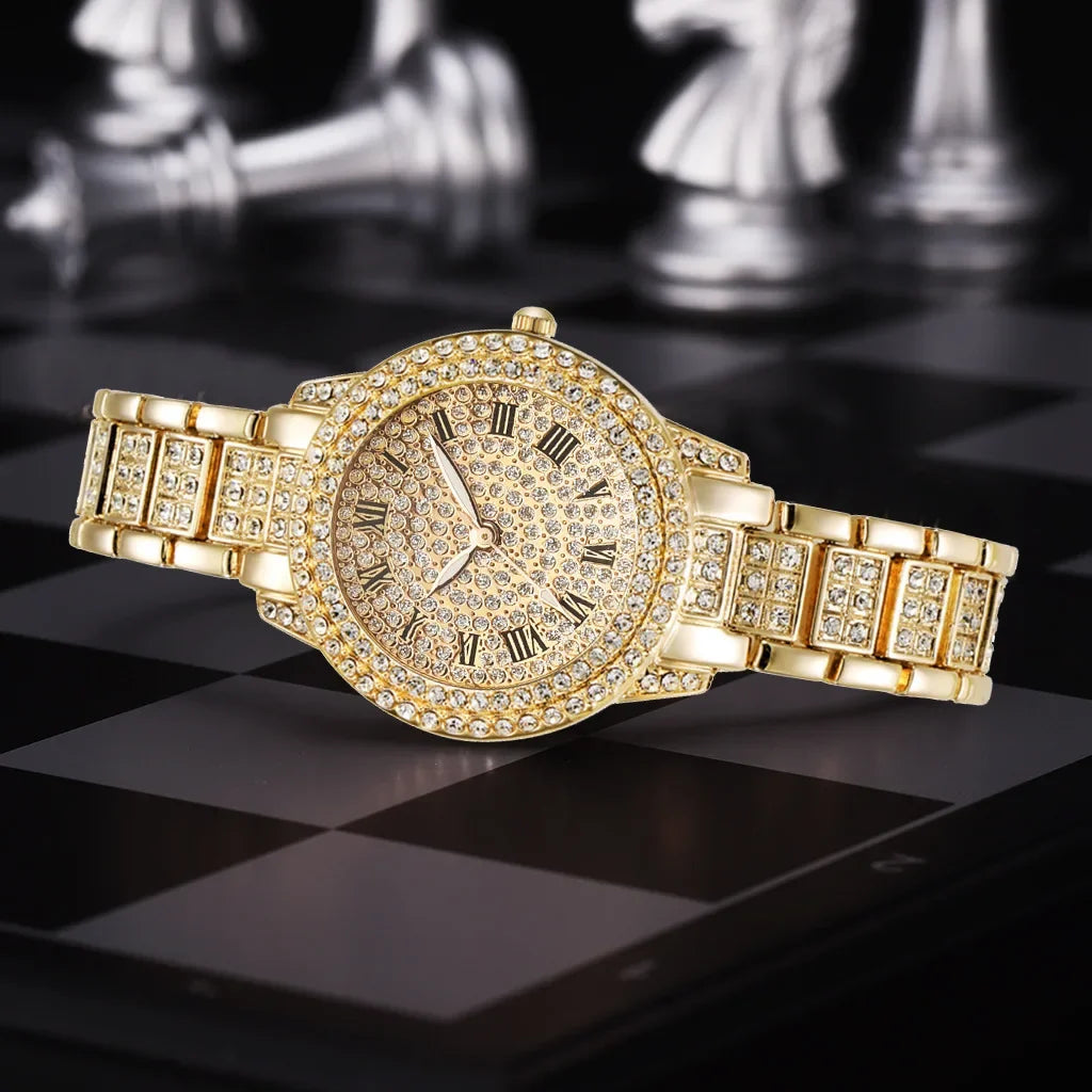 Women Wristwatches Relojes Para Mujer  Classic Golden  Women Alloy Strap Round Rhinestone Dail Quartz Watches