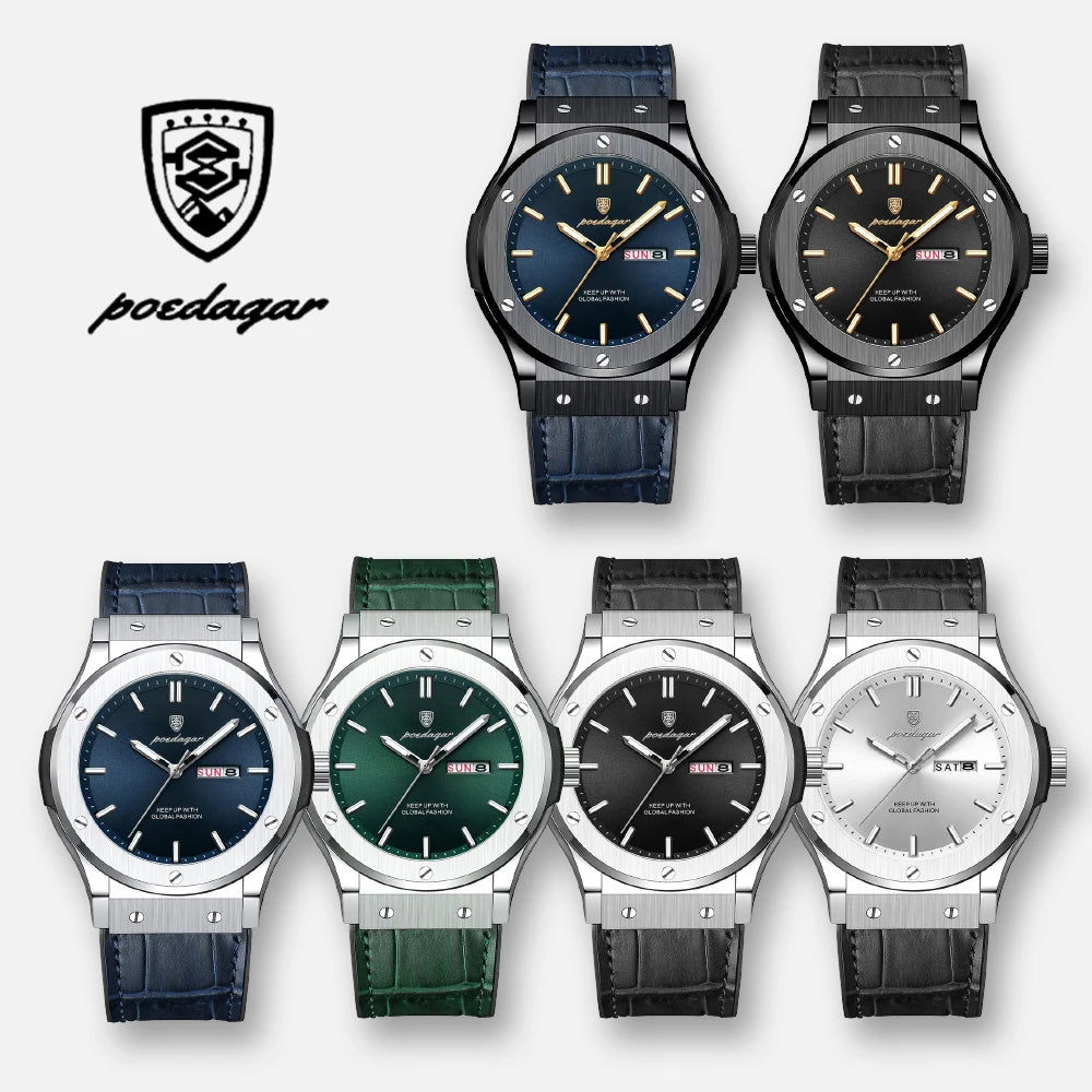 POEDAGAR Fashion Men's Watches Trend Classic Original Quartz Watch for Man Waterproof Luminous Week Date Wristwatch Leather New