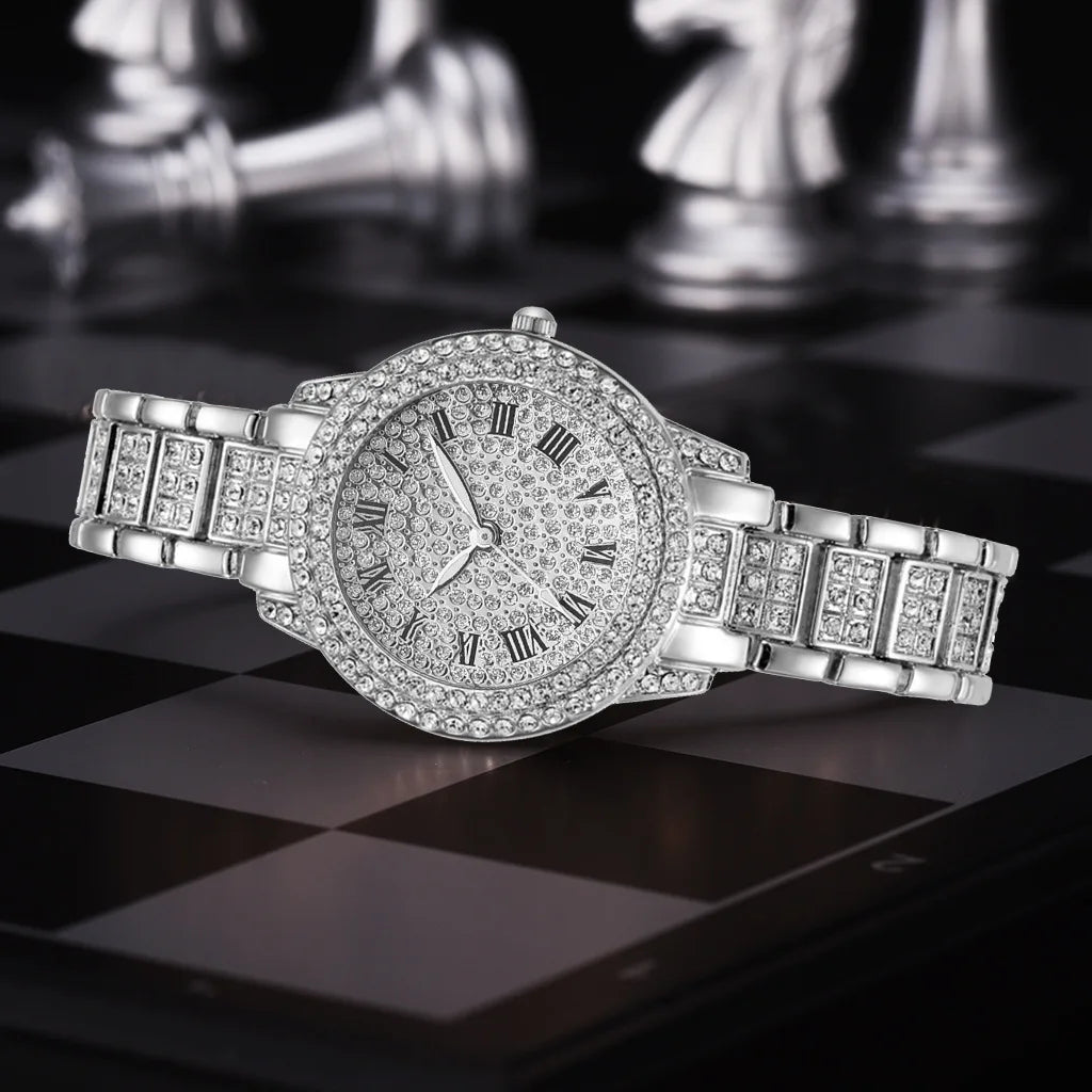 Women Wristwatches Relojes Para Mujer  Classic Golden  Women Alloy Strap Round Rhinestone Dail Quartz Watches