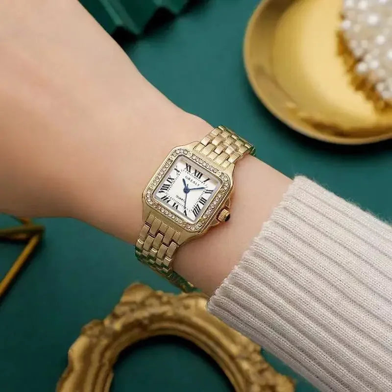 MAYZHISU   Square Watches Gold Alloy Strap  Ladies Quartz Wristwatches Qualities  Roman Scale