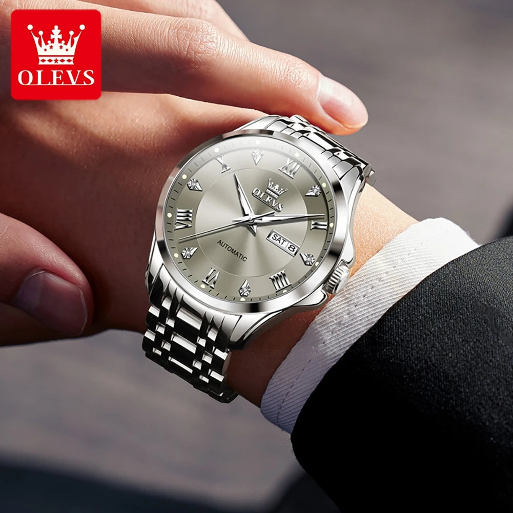 OLEVS Mens Watches  Automatic Mechanical  For Man    Stee  Bands Roman Numeral 6702
