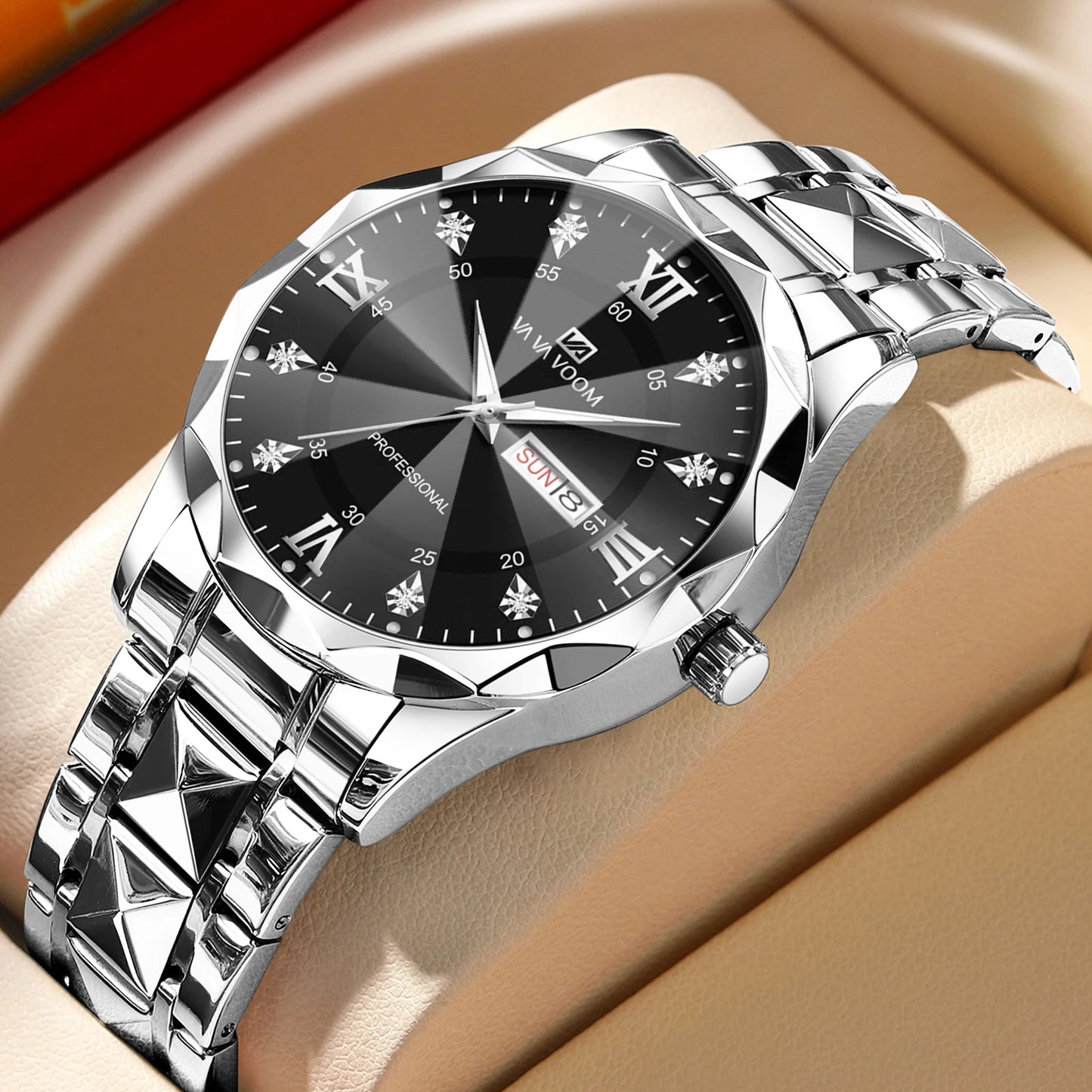 Men  Water Diamond  Night Glow Double Calendar Quartz Movement 41mm Blue Gold