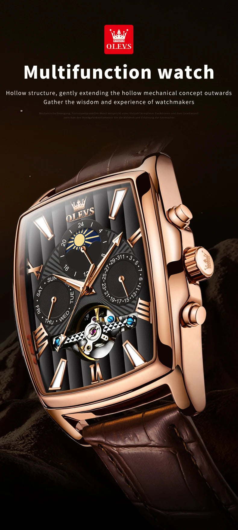 OLEVS Mens Watches Automatic Mechanical  Tourbillon Sport  Leather Casual  Retro Wristwatch Relojes Hombre