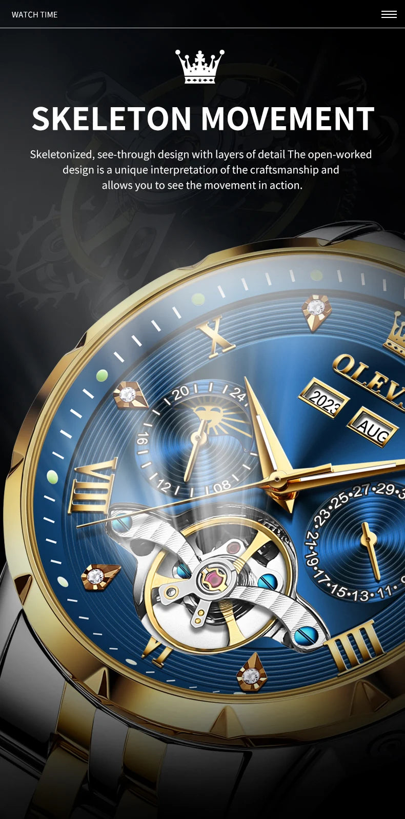 OLEVS Skeleton Multifunctional   Automatic Mechanical  Wrist  For Men    Strap 6691