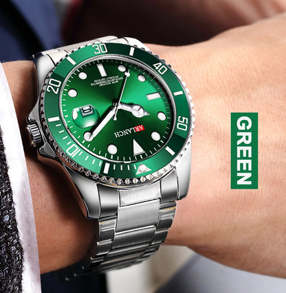 Classic Mens Watch Quartz Green Ghost Diver Series Stainless Steel Waterproof Calendar Clock Business Luxury Watch Reloj Hombre