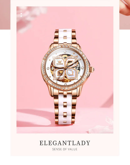 OLEVS 6612 Hollow Original  Mechanical  For Women   Ceramic  Strap Hand  Automatic