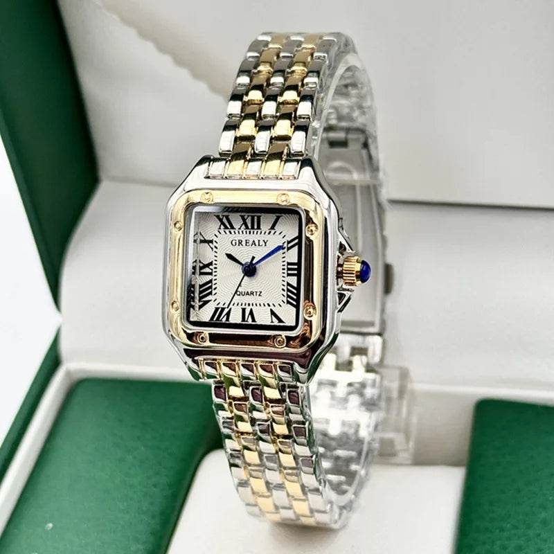 MAYZHISU   Square Watches Gold Alloy Strap  Ladies Quartz Wristwatches Qualities  Roman Scale