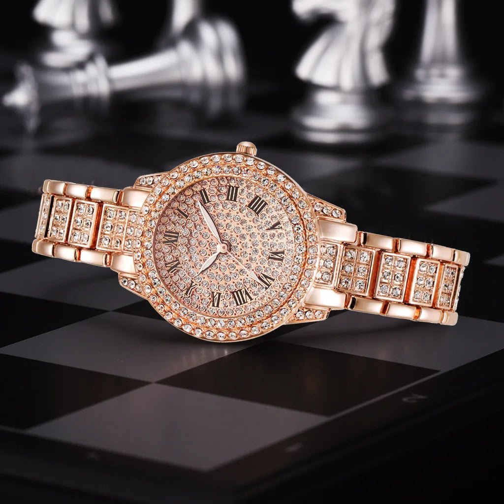 Women Wristwatches Relojes Para Mujer  Classic Golden  Women Alloy Strap Round Rhinestone Dail Quartz Watches