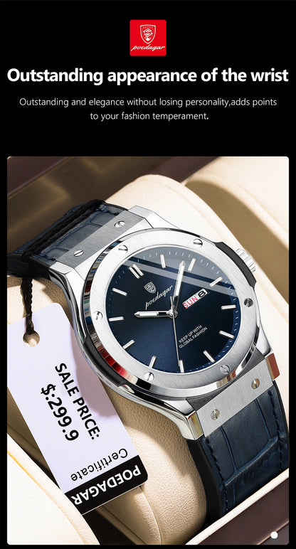 POEDAGAR Fashion Men's Watches Trend Classic Original Quartz Watch for Man Waterproof Luminous Week Date Wristwatch Leather New