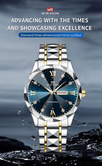 Men  Water Diamond  Night Glow Double Calendar Quartz Movement 41mm Blue Gold