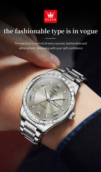 OLEVS  Mens  Simple     Quartz  for Man Diamond Roman Dial  Dual Calendar
