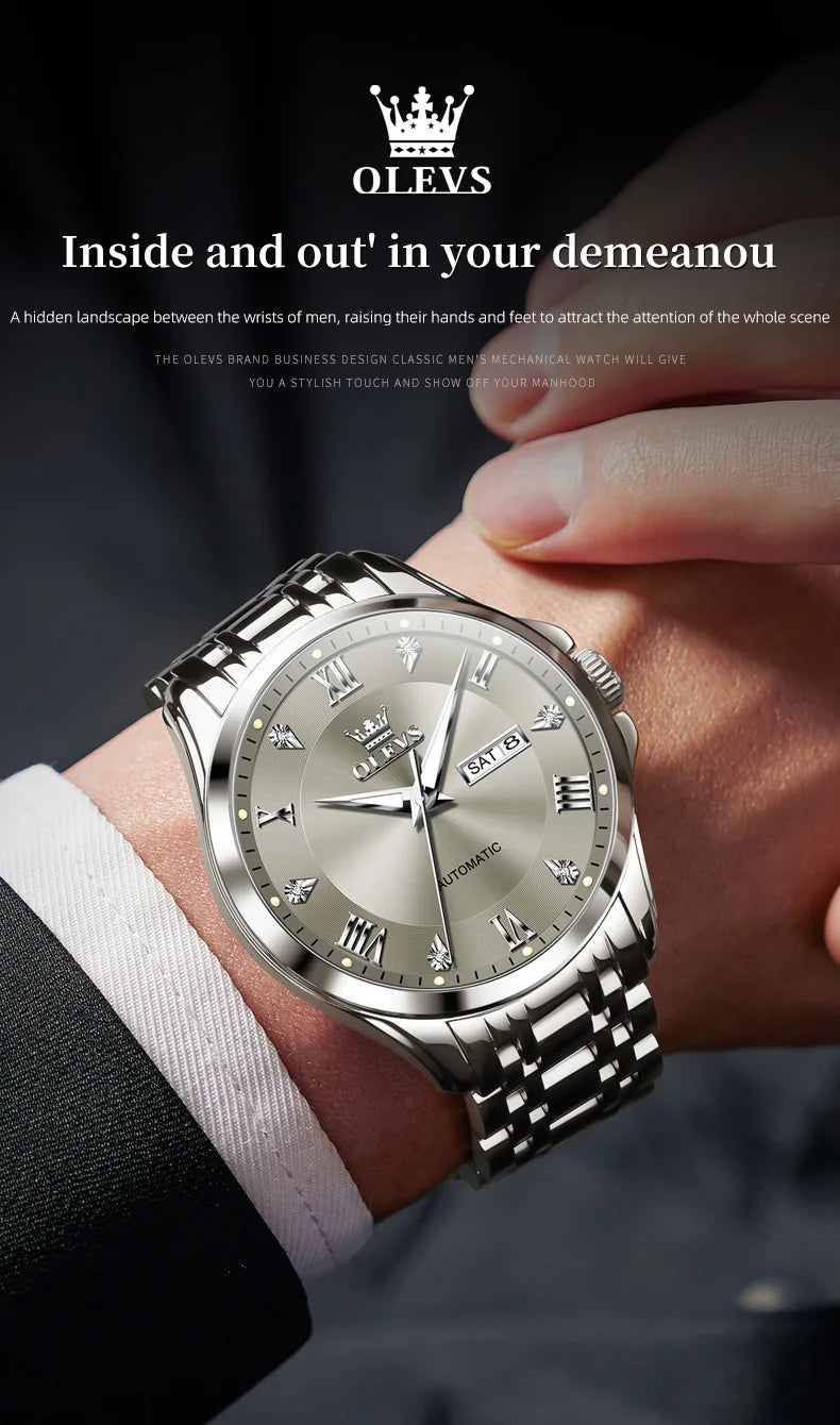 OLEVS Mens Watches  Automatic Mechanical  For Man    Stee  Bands Roman Numeral 6702