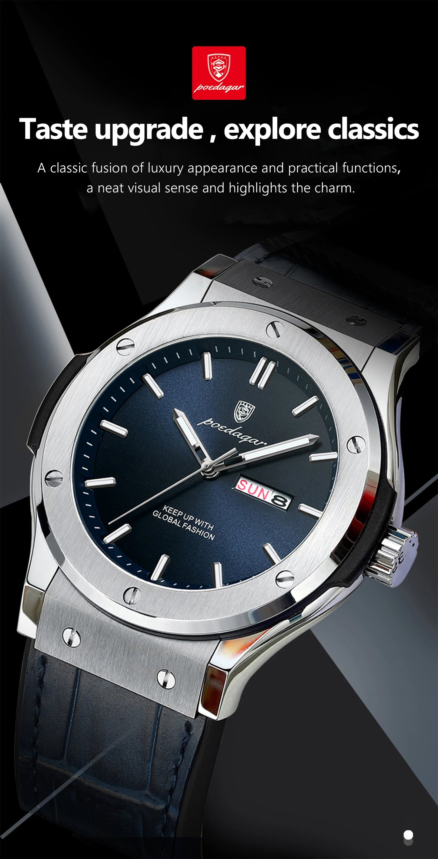 POEDAGAR Fashion Men's Watches Trend Classic Original Quartz Watch for Man Waterproof Luminous Week Date Wristwatch Leather New