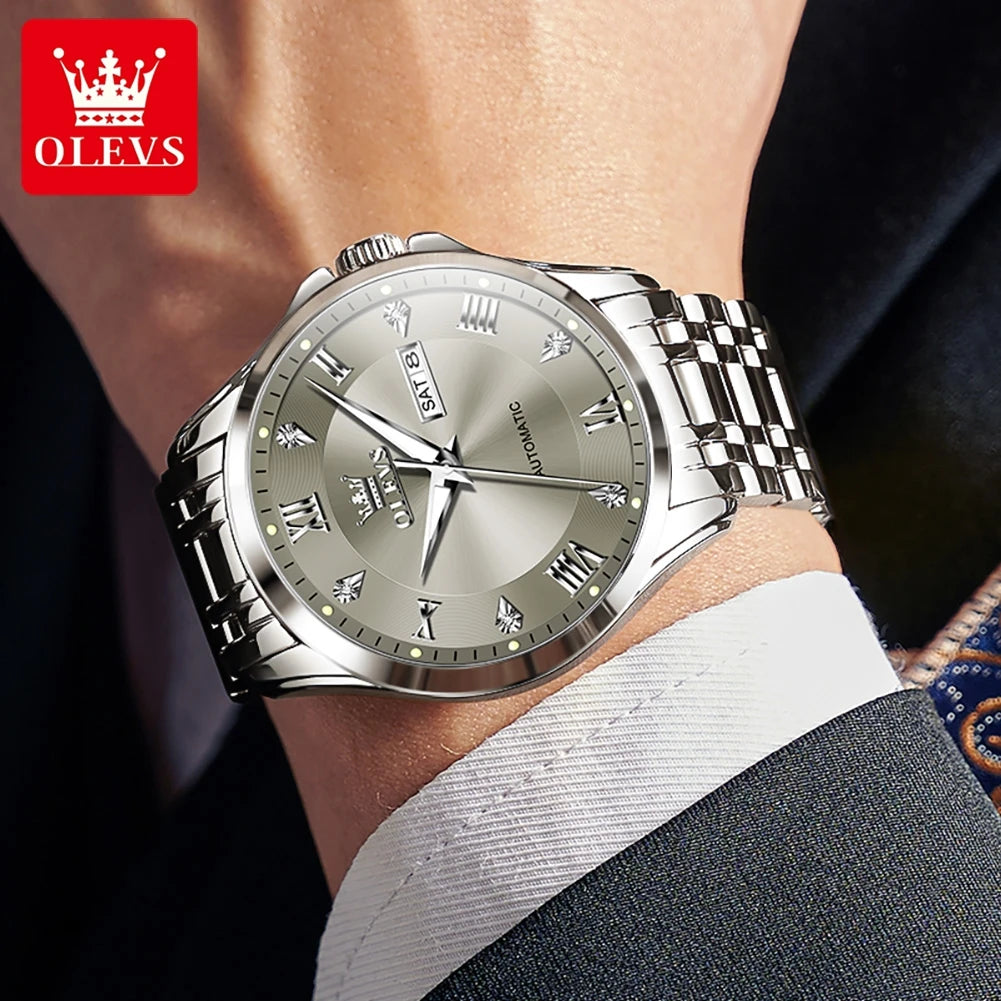 OLEVS Mens Watches  Automatic Mechanical  For Man    Stee  Bands Roman Numeral 6702