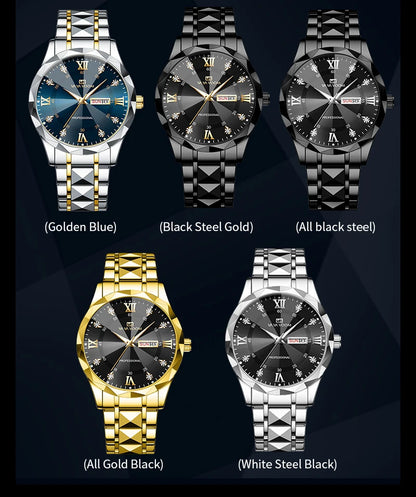 Men  Water Diamond  Night Glow Double Calendar Quartz Movement 41mm Blue Gold