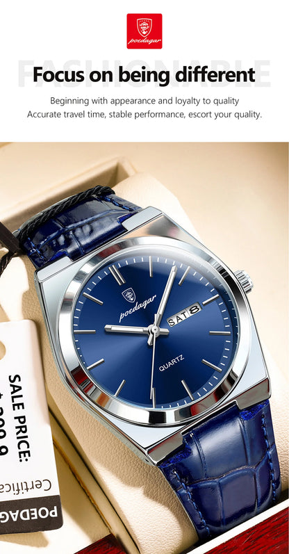 POEDAGAR   for Men Military Leather Man Wristwatch Quartz     Week  Watches Reloj+box