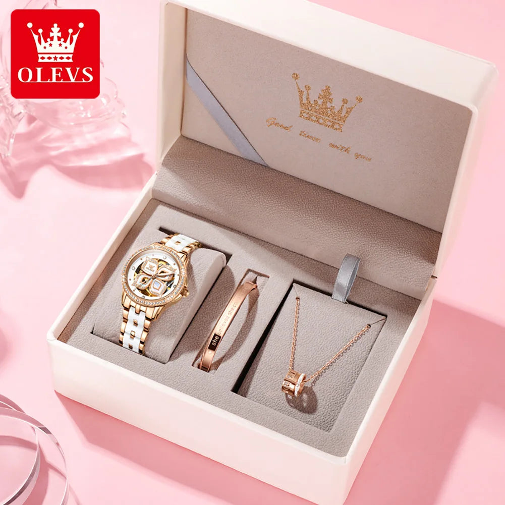 OLEVS 6612 Hollow Original  Mechanical  For Women   Ceramic  Strap Hand  Automatic