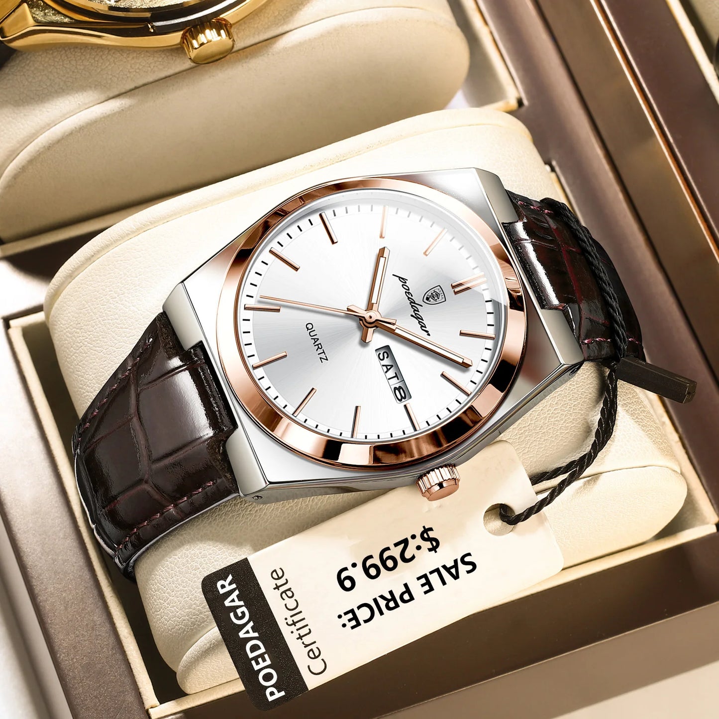 POEDAGAR   for Men Military Leather Man Wristwatch Quartz     Week  Watches Reloj+box