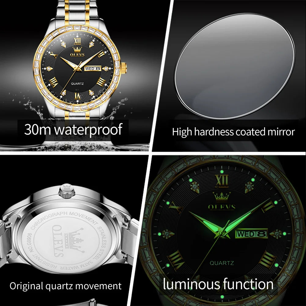 OLEVS  Mens  Simple     Quartz  for Man Diamond Roman Dial  Dual Calendar