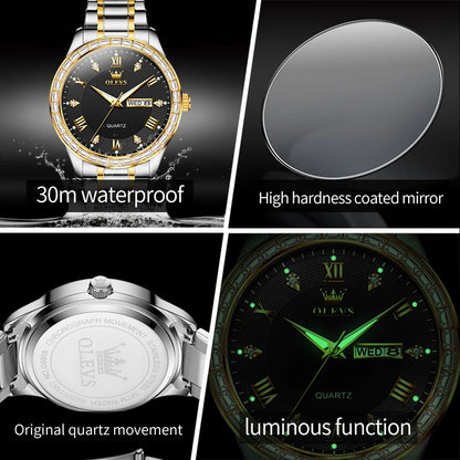 OLEVS  Mens  Simple     Quartz  for Man Diamond Roman Dial  Dual Calendar