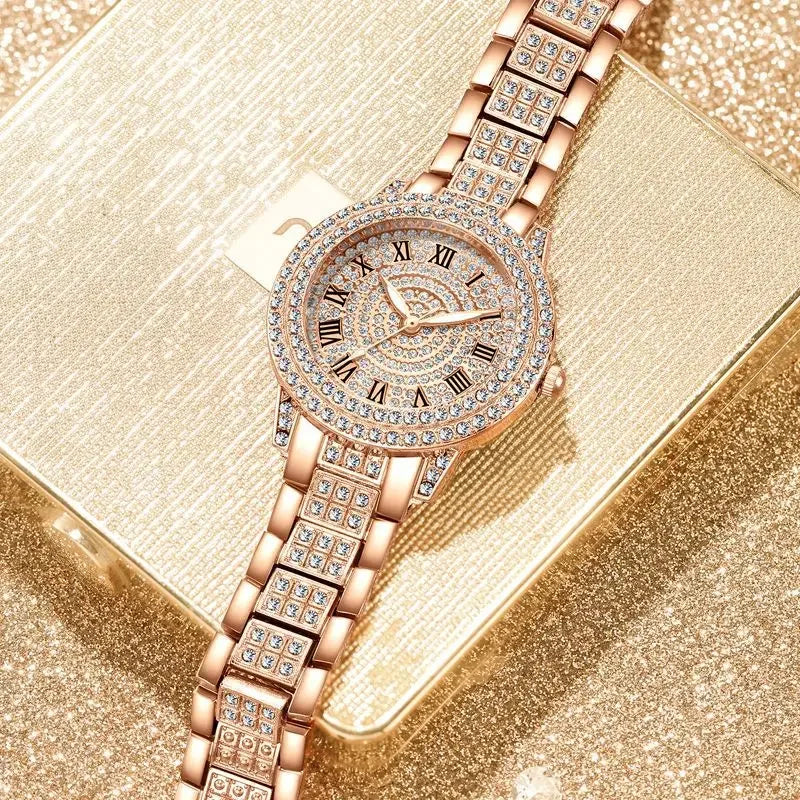 Women Wristwatches Relojes Para Mujer  Classic Golden  Women Alloy Strap Round Rhinestone Dail Quartz Watches