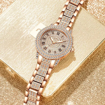 Women Wristwatches Relojes Para Mujer  Classic Golden  Women Alloy Strap Round Rhinestone Dail Quartz Watches