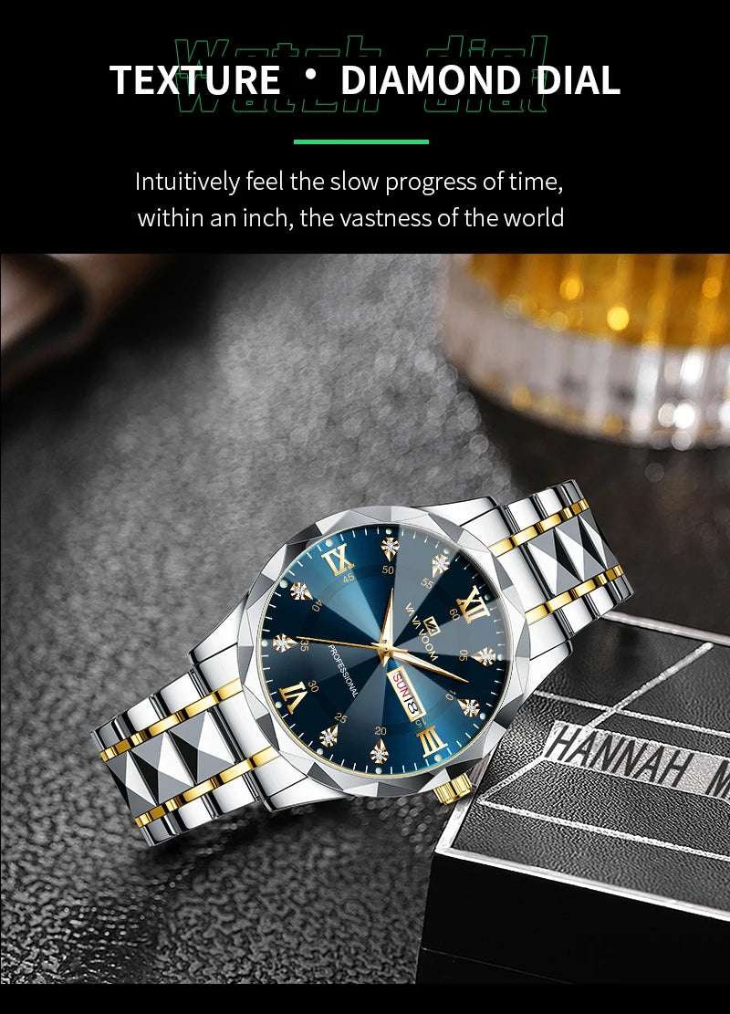 Men  Water Diamond  Night Glow Double Calendar Quartz Movement 41mm Blue Gold