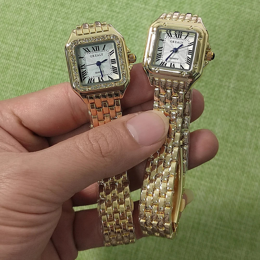 MAYZHISU   Square Watches Gold Alloy Strap  Ladies Quartz Wristwatches Qualities  Roman Scale