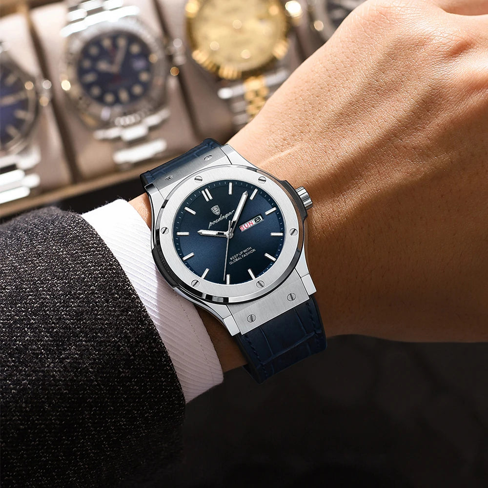 POEDAGAR Fashion Men's Watches Trend Classic Original Quartz Watch for Man Waterproof Luminous Week Date Wristwatch Leather New