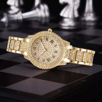 Women Wristwatches Relojes Para Mujer  Classic Golden  Women Alloy Strap Round Rhinestone Dail Quartz Watches