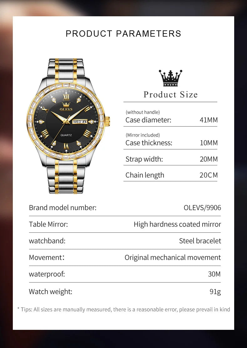 OLEVS  Mens  Simple     Quartz  for Man Diamond Roman Dial  Dual Calendar