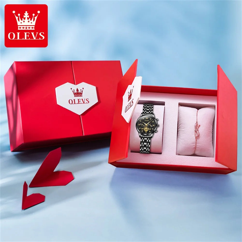 OLEVS Flywheel Skeleton Women Quartz   steel    Ladies Bracelet  for Women Set