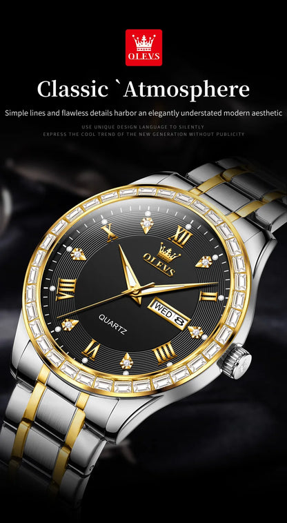 OLEVS  Mens  Simple     Quartz  for Man Diamond Roman Dial  Dual Calendar