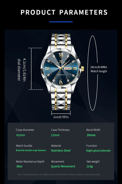 Men  Water Diamond  Night Glow Double Calendar Quartz Movement 41mm Blue Gold