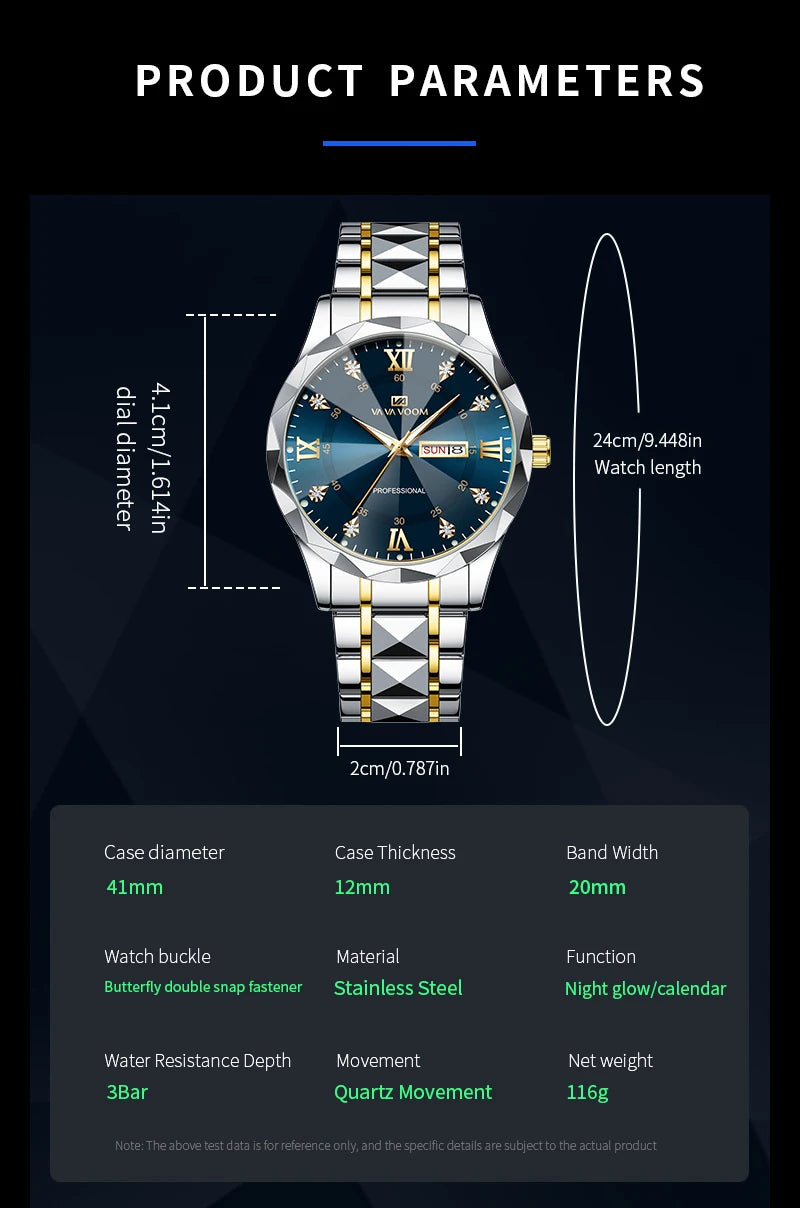 VA VOOM   Watches  Weekly Calendar    Night Light Top Brand Quartz  For Men