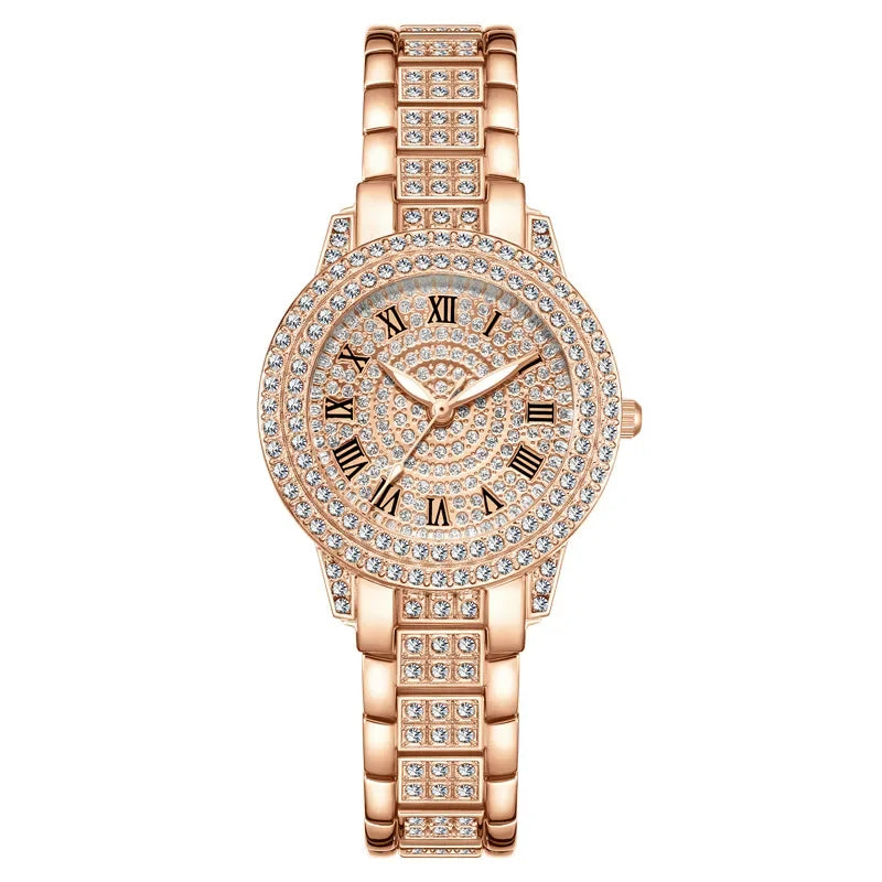 Women Wristwatches Relojes Para Mujer  Classic Golden  Women Alloy Strap Round Rhinestone Dail Quartz Watches