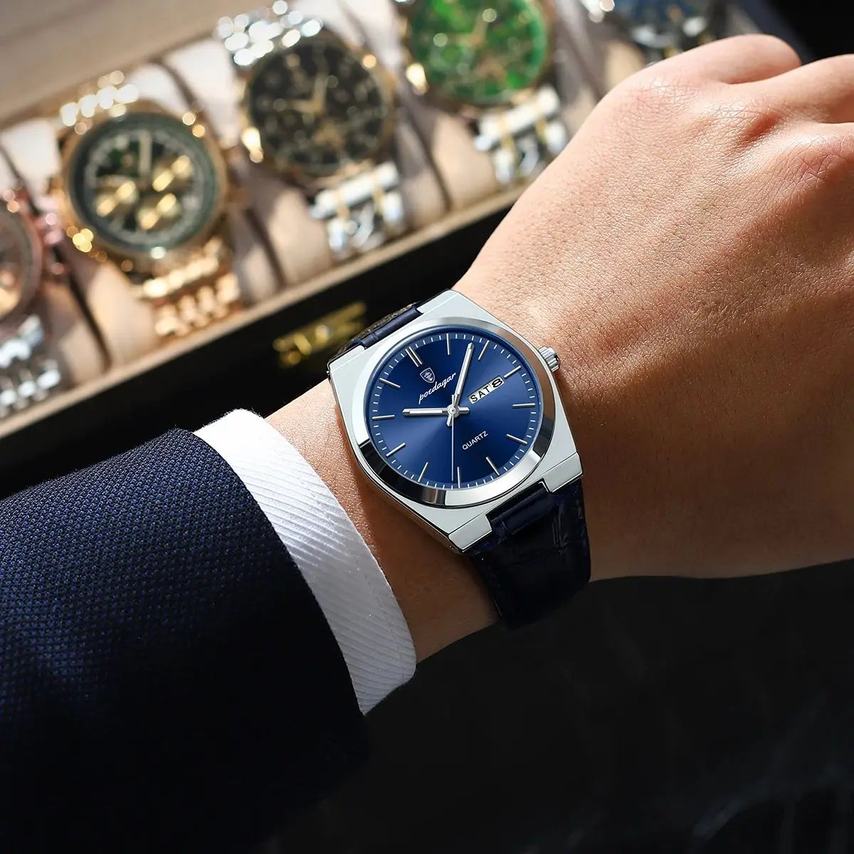 POEDAGAR   for Men Military Leather Man Wristwatch Quartz     Week  Watches Reloj+box