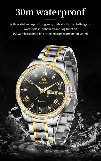 OLEVS  Mens  Simple     Quartz  for Man Diamond Roman Dial  Dual Calendar