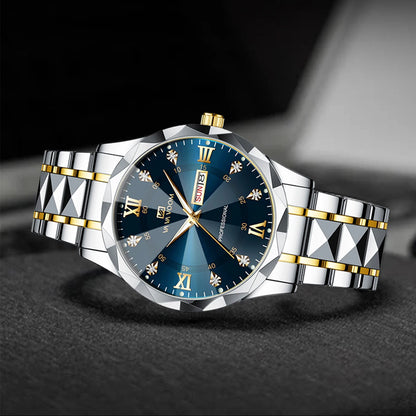 Men  Water Diamond  Night Glow Double Calendar Quartz Movement 41mm Blue Gold