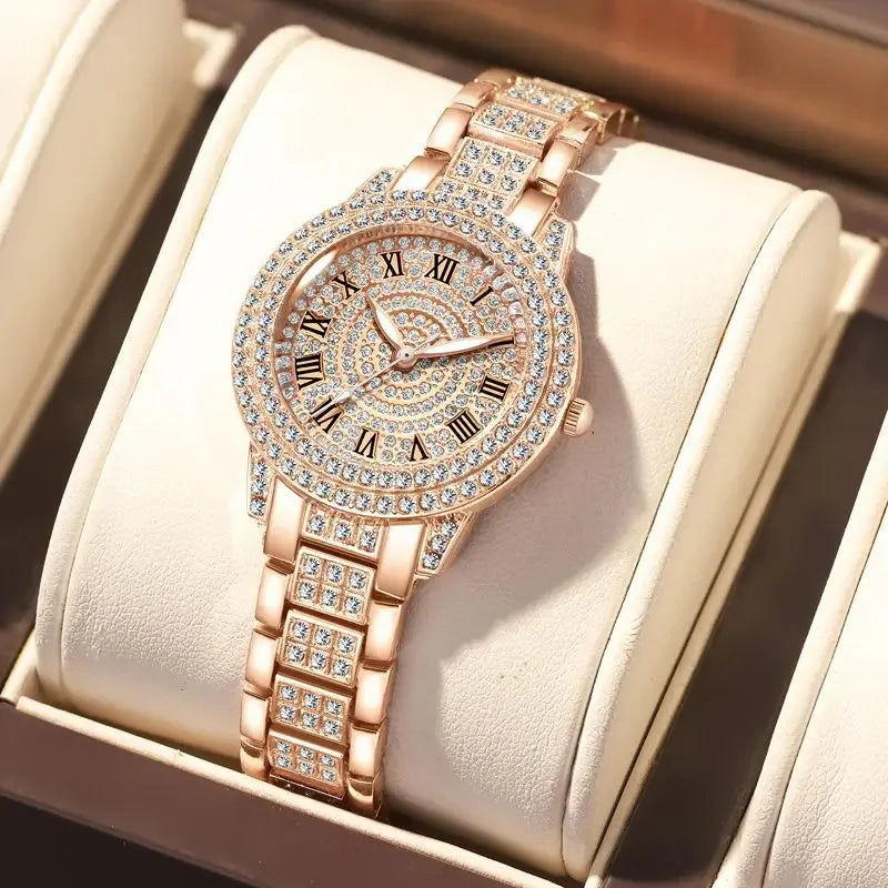 Women Wristwatches Relojes Para Mujer  Classic Golden  Women Alloy Strap Round Rhinestone Dail Quartz Watches