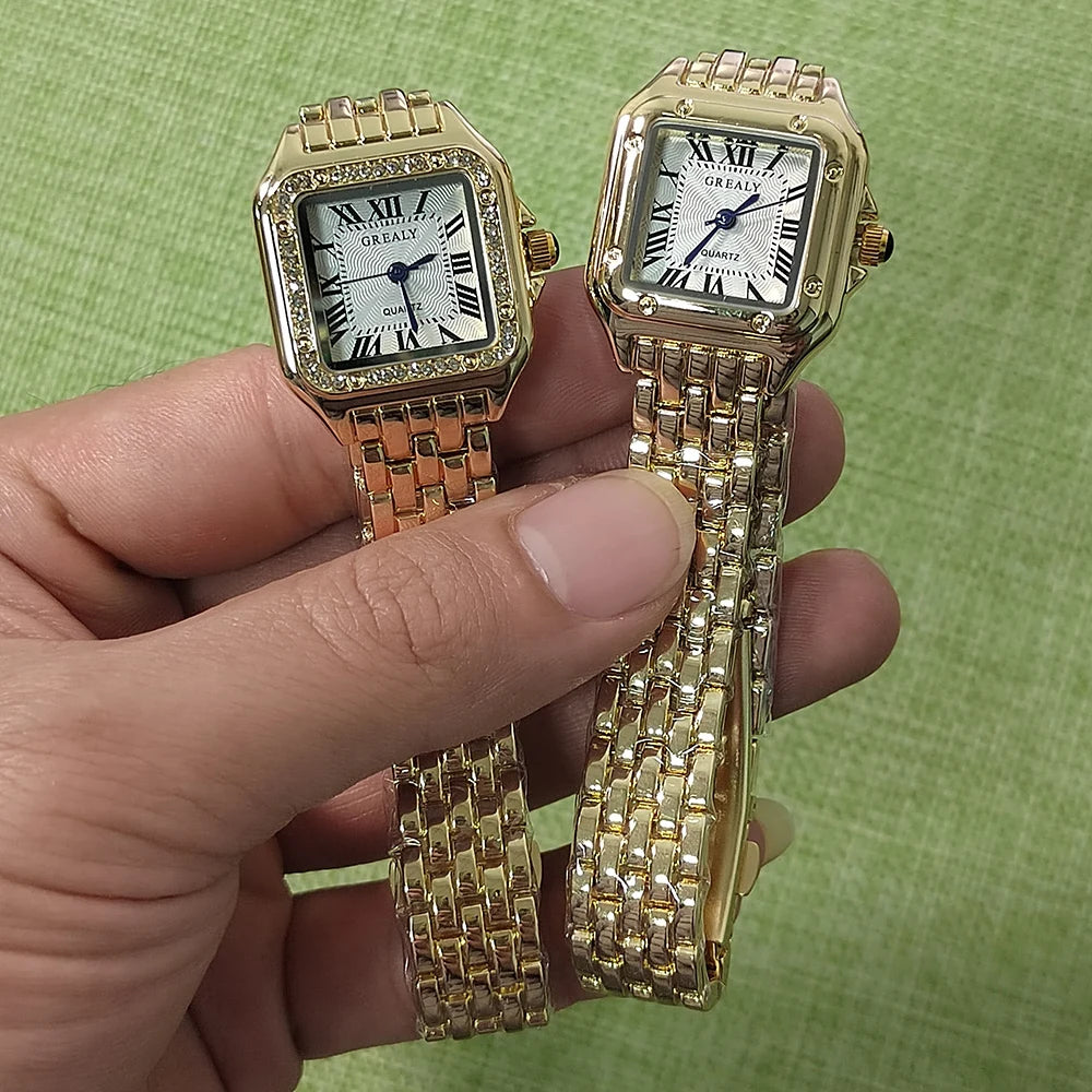 MAYZHISU   Square Watches Gold Alloy Strap  Ladies Quartz Wristwatches Qualities  Roman Scale
