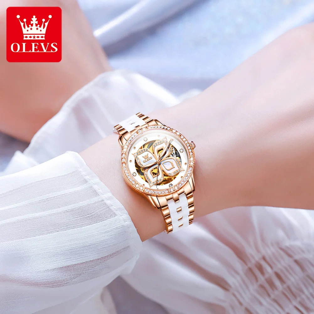 OLEVS 6612 Hollow Original  Mechanical  For Women   Ceramic  Strap Hand  Automatic