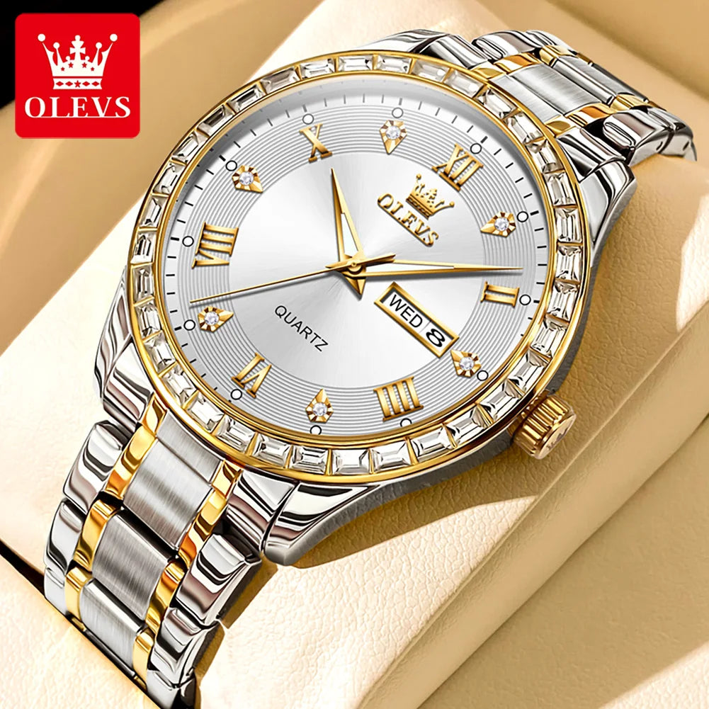 OLEVS  Mens  Simple     Quartz  for Man Diamond Roman Dial  Dual Calendar