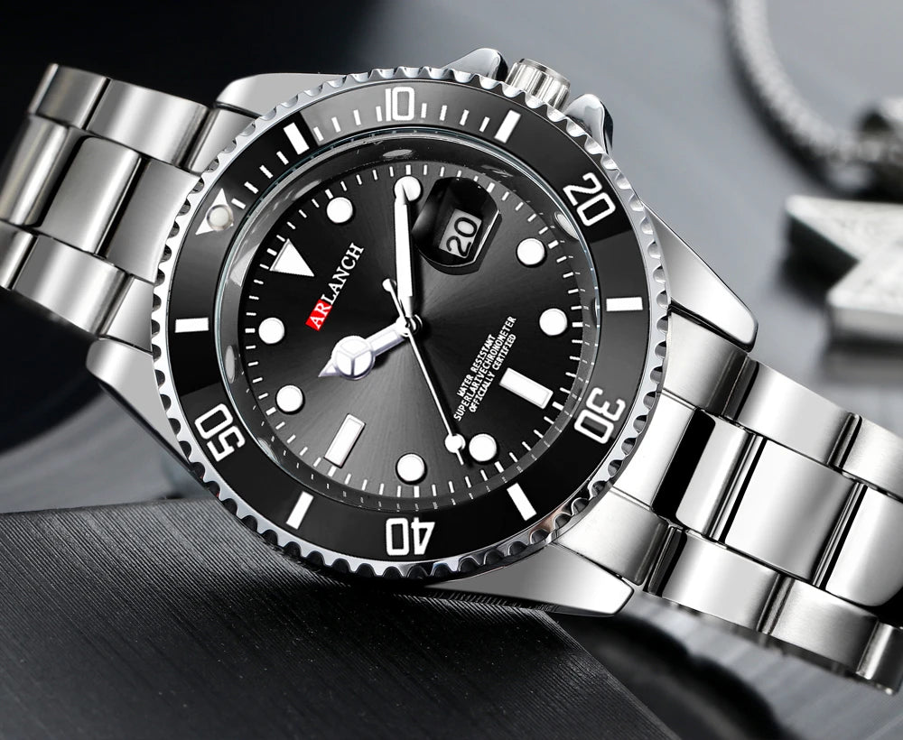 Classic Mens Watch Quartz Green Ghost Diver Series Stainless Steel Waterproof Calendar Clock Business Luxury Watch Reloj Hombre