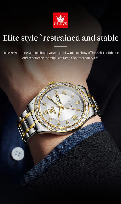 OLEVS  Mens  Simple     Quartz  for Man Diamond Roman Dial  Dual Calendar