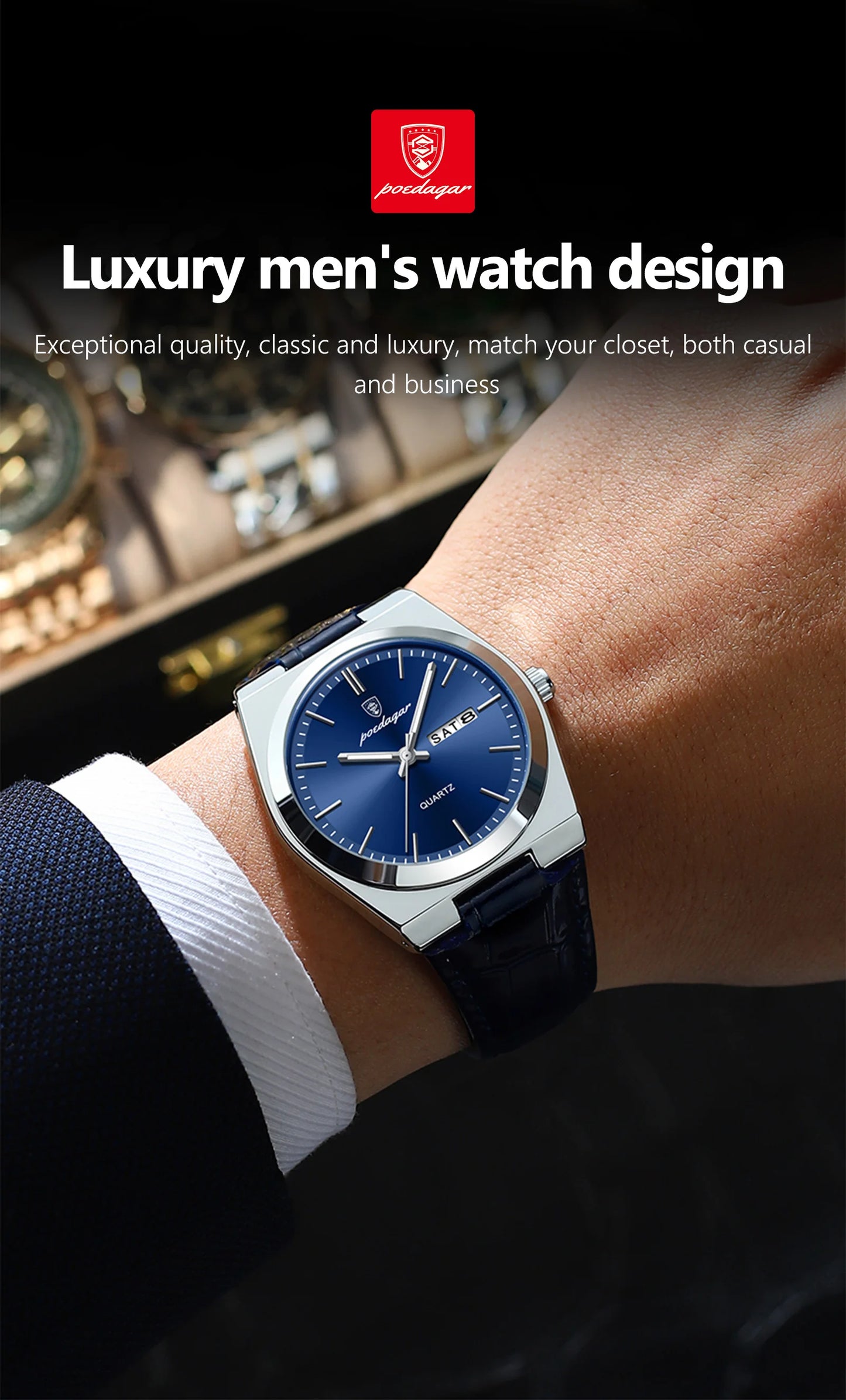 POEDAGAR   for Men Military Leather Man Wristwatch Quartz     Week  Watches Reloj+box