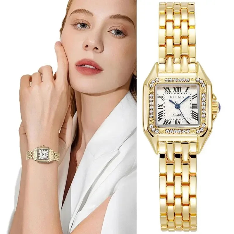 MAYZHISU   Square Watches Gold Alloy Strap  Ladies Quartz Wristwatches Qualities  Roman Scale