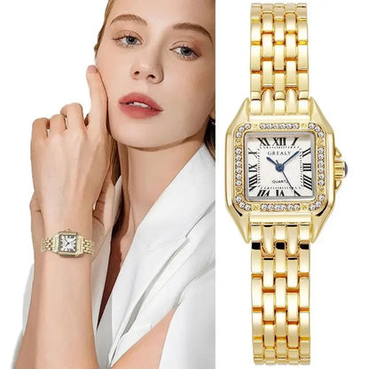 MAYZHISU   Square Watches Gold Alloy Strap  Ladies Quartz Wristwatches Qualities  Roman Scale